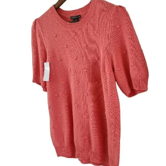 Chelsea & Theodore Womens Size L Coral Peach Pommed Sweater Puffed Sleeve New - Picture 3 of 6